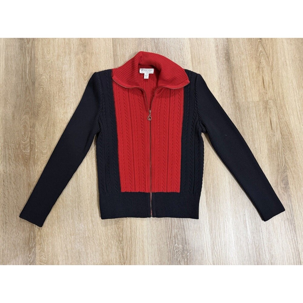 St John Sport By Marie Gray Red Black Wool Blend Zip Up Sweater Size P